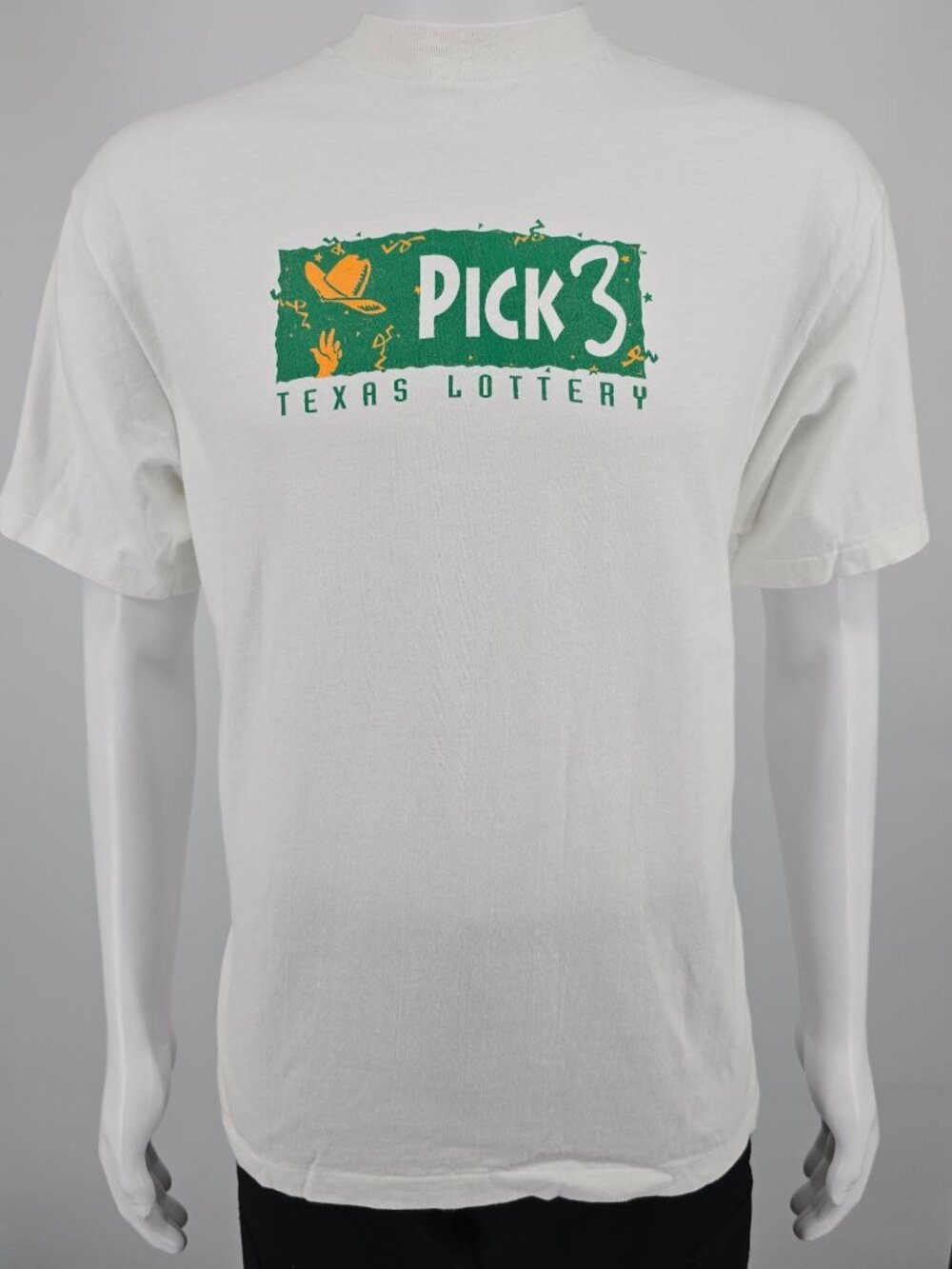 Vintage 1990s Hanes Beefy-T White Texas Lottery Pick 3 Promo T-Shirt (L)